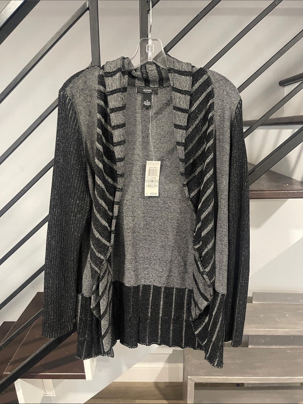 Alfani Duster Open Cardigan Knit Sweater Flyaway Drape Relaxed Chevron Stripe